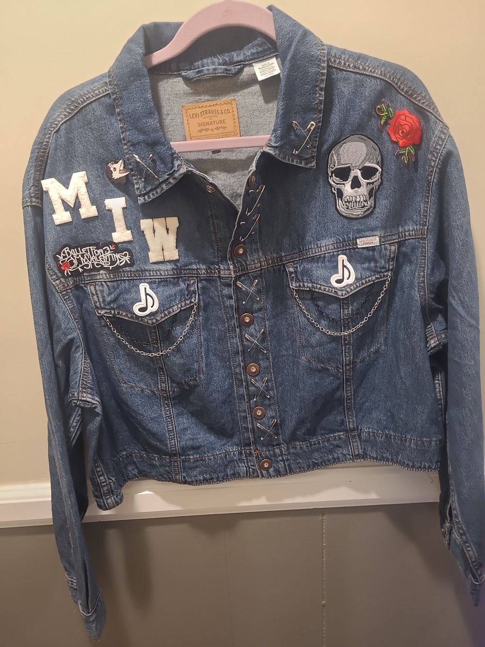 Levi Strauss Womens Sleep Token Emblem Customized Denim Jacket XL Goth Pins